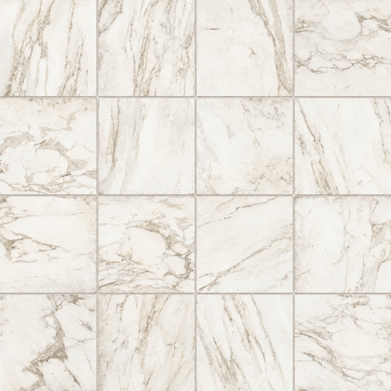 Antica Roma Oro 12x12 matte ceramic tiles in a square grid with an ivory background and soft gray-beige marble-look veining.