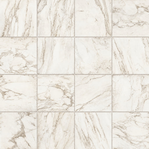 Antica Roma Oro 12x12 matte ceramic tiles in a square grid with an ivory background and soft gray-beige marble-look veining.