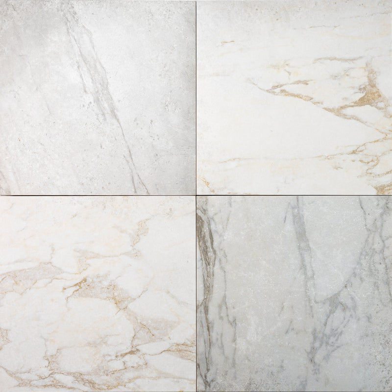 Antica Roma Oro 12x12 matte ceramic tile with marble-look veining.