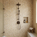 Antico Onyx 1x2 Round-Faced (CNC-Arched / Wavy) Travertine Herringbone Mosaic — Bathroom shower wall