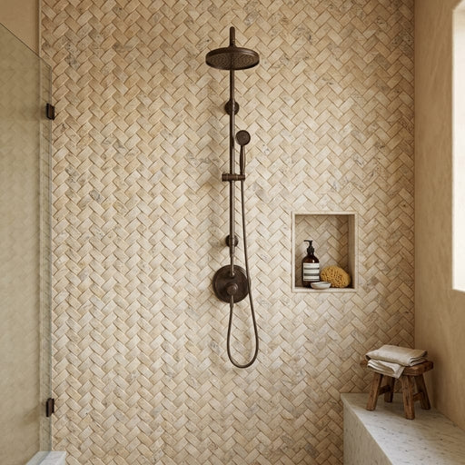 Antico Onyx 1x2 Round-Faced (CNC-Arched / Wavy) Travertine Herringbone Mosaic — Bathroom shower wall