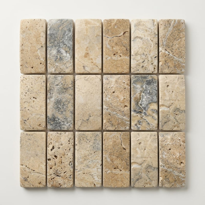 Antico Onyx 1x2 Round-Faced (CNC-Arched / Wavy) Travertine Herringbone Mosaic close-up