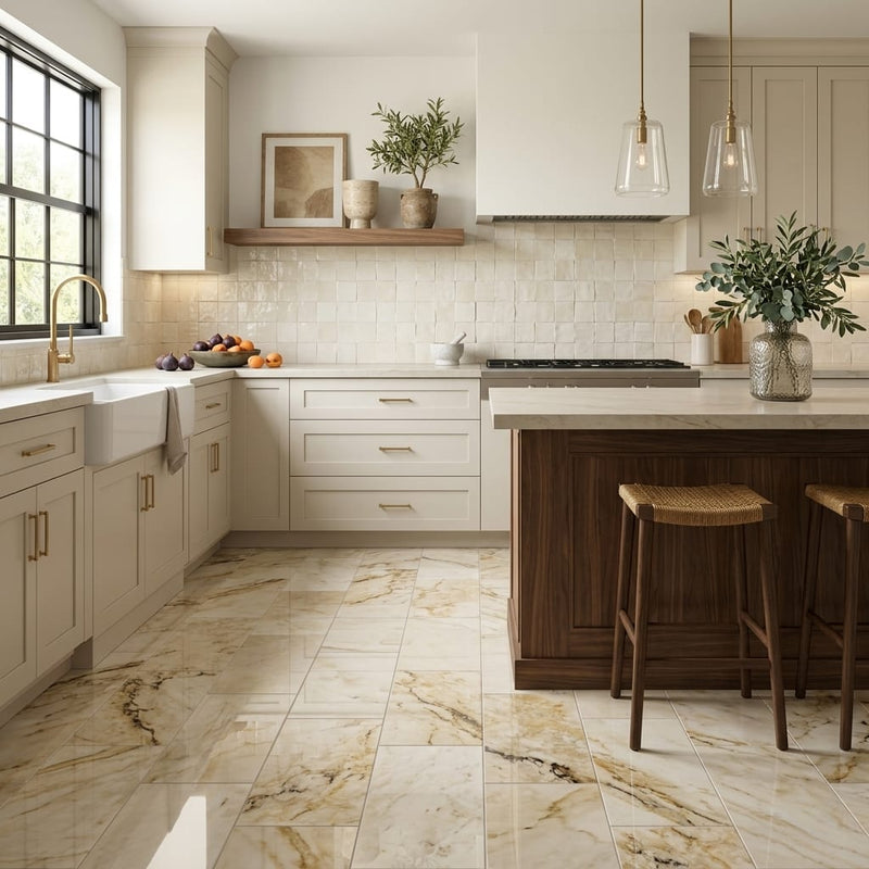 Antico Onyx 12x24 Filled & Polished Travertine Tile — Kitchen floor