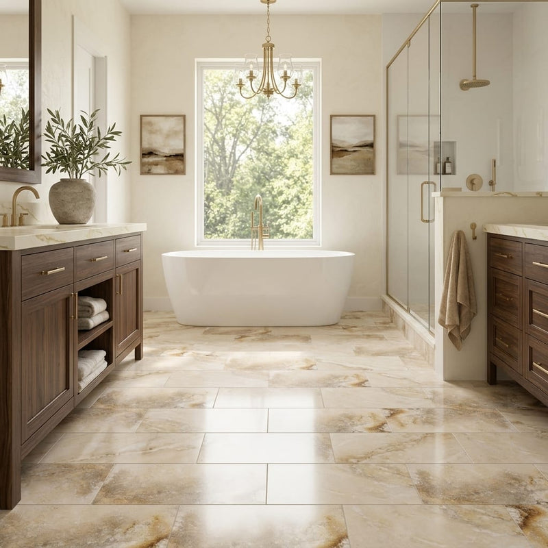 Antico Onyx 12x24 Filled & Polished Travertine Tile — Primary Bath floor
