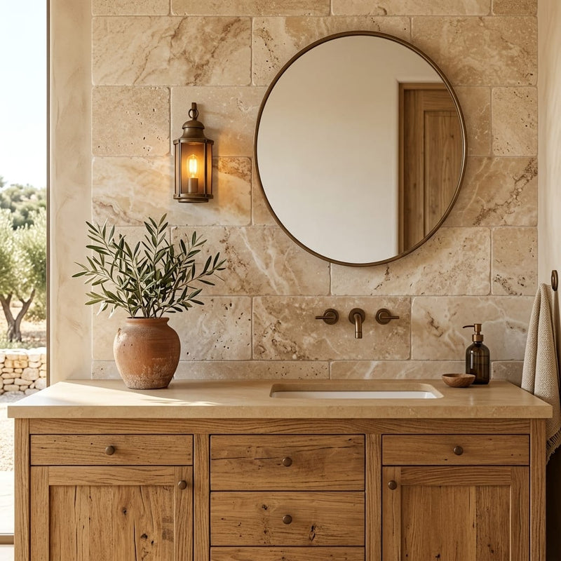 Antico Onyx 12x24 Tumbled Travertine tile — Bathroom vanity wall