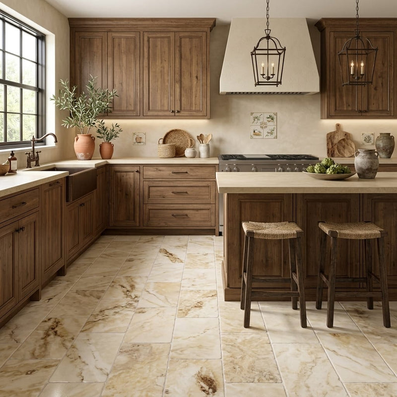 Antico Onyx 12x24 Tumbled Travertine tile — Kitchen floor