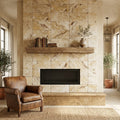 Antico Onyx 12x24 Tumbled Travertine tile — Living Room fireplace surround