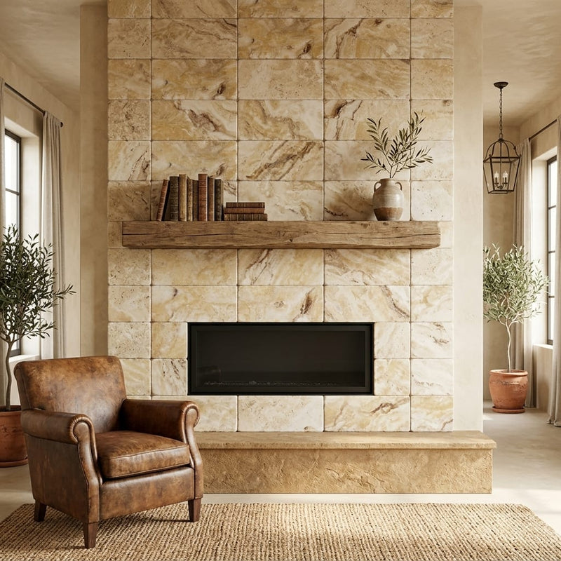 Antico Onyx 12x24 Tumbled Travertine tile — Living Room fireplace surround