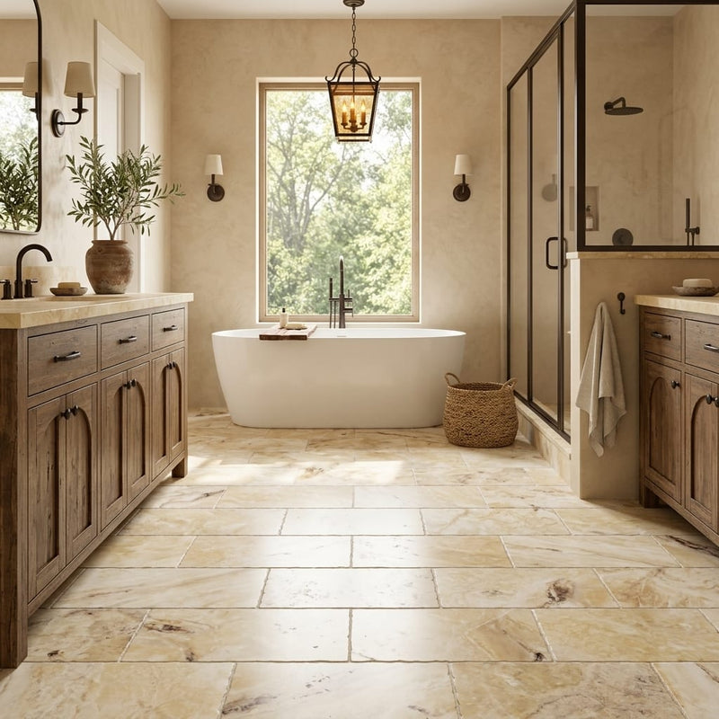 Antico Onyx 12x24 Tumbled Travertine tile — Primary Bath floor