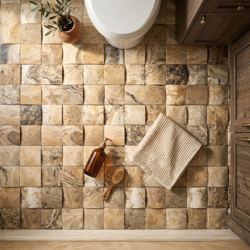 Antico Onyx 2x2 Round-Faced (CNC-Arched / Wavy) Travertine Mosaic — Bathroom floor