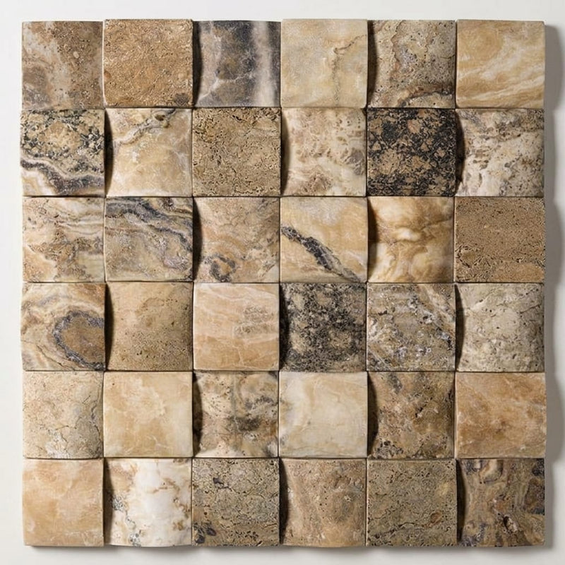 Antico Onyx 2x2 Round-Faced (CNC-Arched / Wavy) Travertine Mosaic close-up
