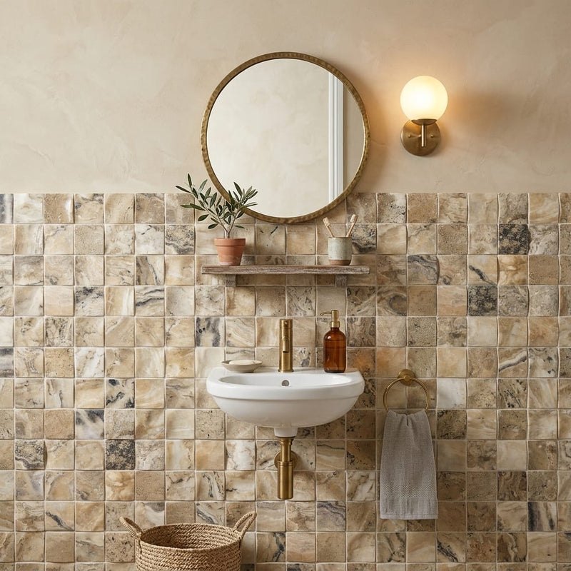 Antico Onyx 2x2 Round-Faced (CNC-Arched / Wavy) Travertine Mosaic — Powder Room wall