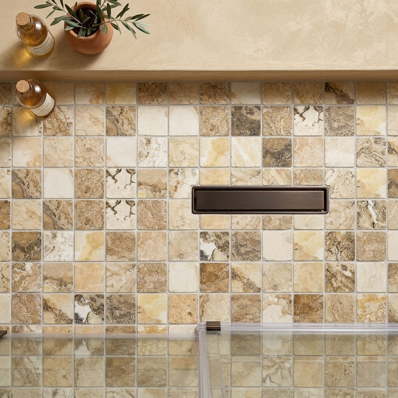Antico Onyx 2x2 Tumbled Travertine Mosaic — Bathroom shower floor