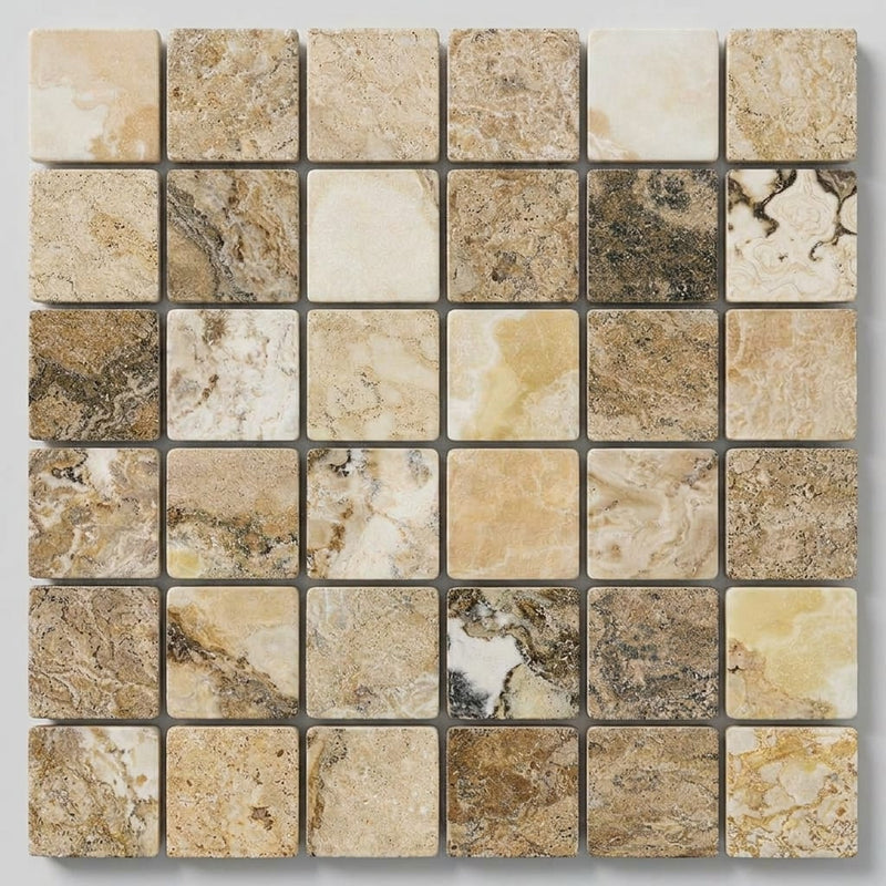 Antico Onyx 2x2 Tumbled Travertine Mosaic close-up