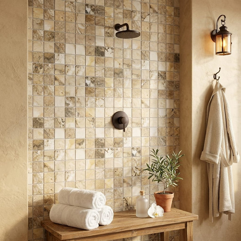 Antico Onyx 2x2 Tumbled Travertine Mosaic — Spa spa interior