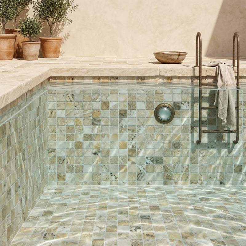 Antico Onyx 2x2 Tumbled Travertine Mosaic — Swimming Pool pool interior tiling