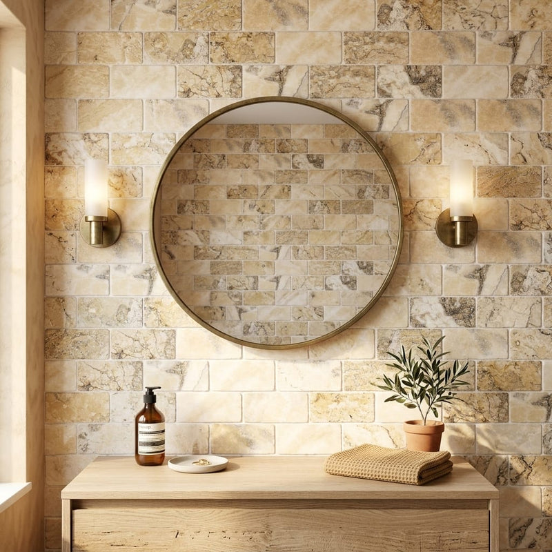 Antico Onyx 3x6 Tumbled Travertine Tile — Bathroom wall