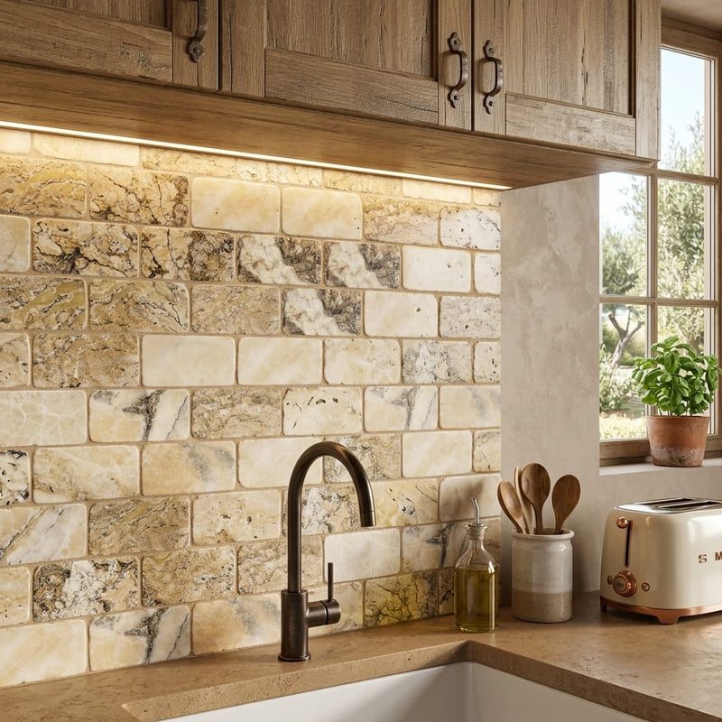 Antico Onyx 3x6 Tumbled Travertine Tile — Kitchen backsplash
