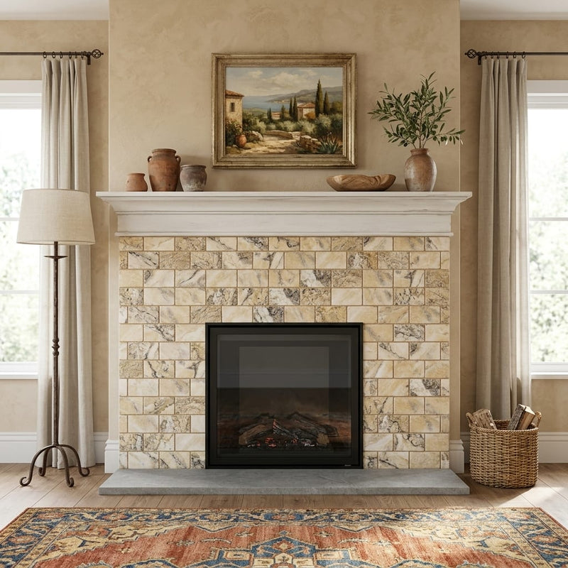 Antico Onyx 3x6 Tumbled Travertine Tile — Living Room fireplace surround