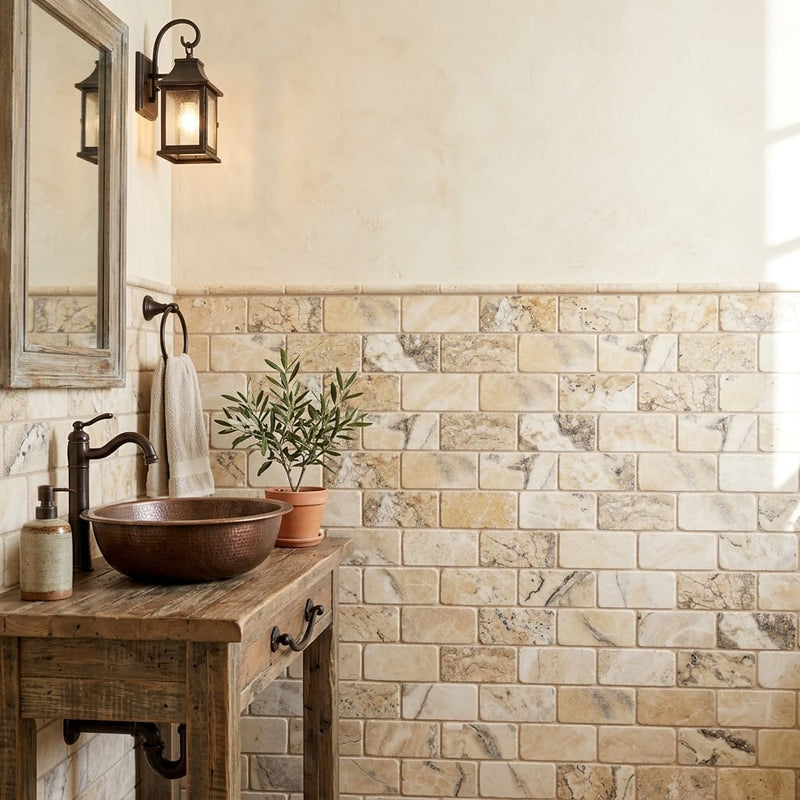 Antico Onyx 3x6 Tumbled Travertine Tile — Powder Room wainscot