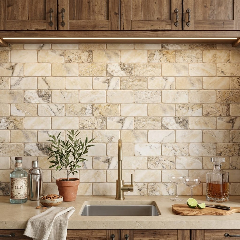 Antico Onyx 3x6 Tumbled Travertine Tile — Wet Bar backsplash