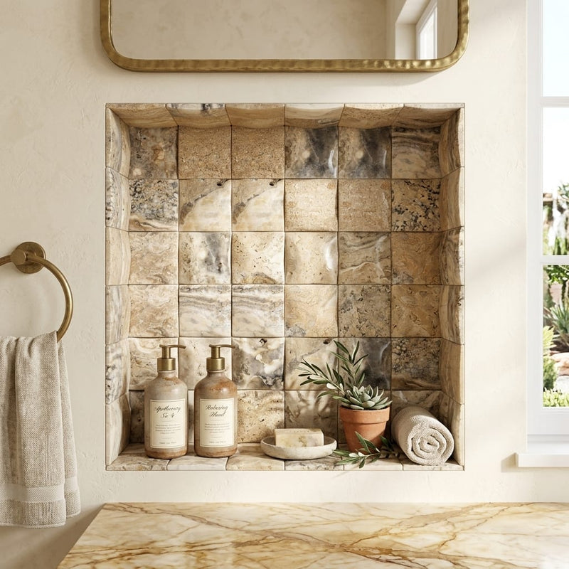 Antico Onyx 4x4 CNC-Arched (Round-face / Wavy) Travertine Tile — Bathroom niche