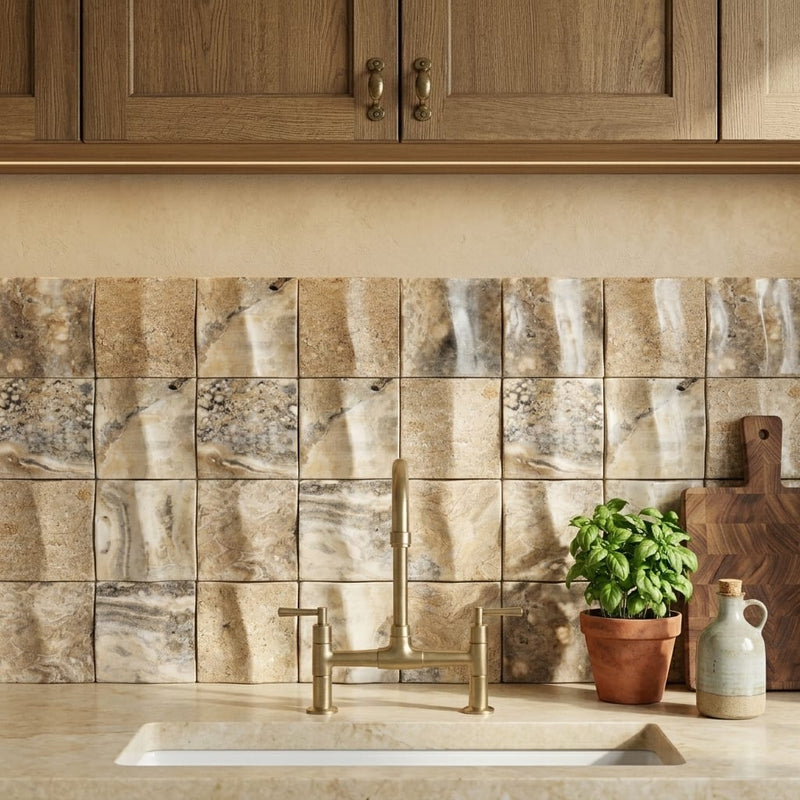 Antico Onyx 4x4 CNC-Arched (Round-face / Wavy) Travertine Tile — Kitchen backsplash