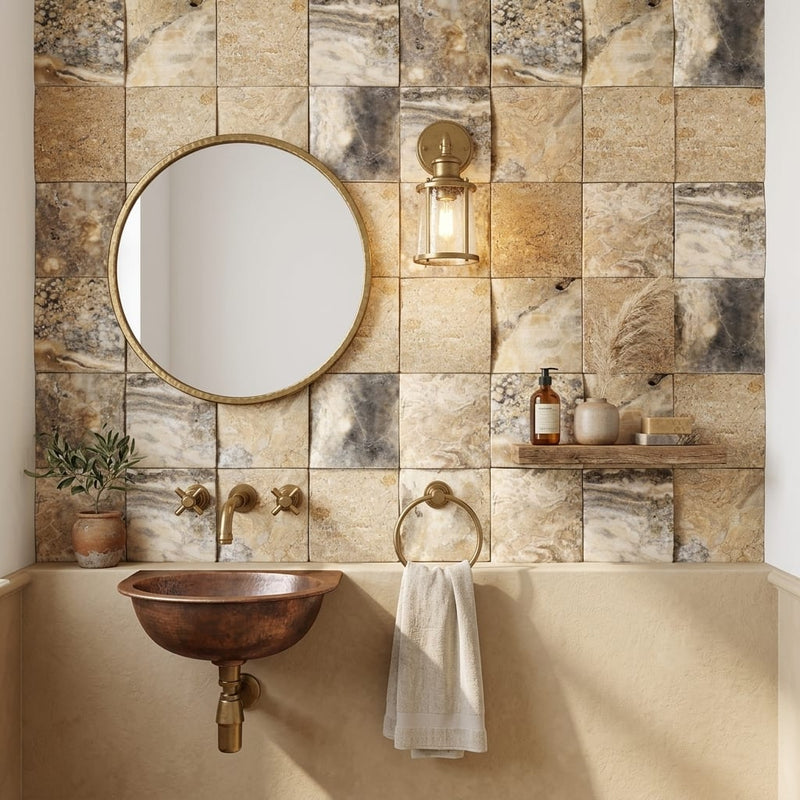 Antico Onyx 4x4 CNC-Arched (Round-face / Wavy) Travertine Tile — Powder Room wall