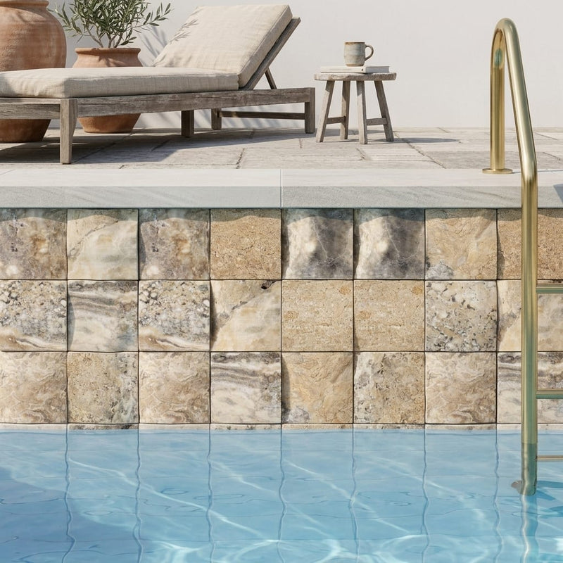 Antico Onyx 4x4 CNC-Arched (Round-face / Wavy) Travertine Tile — Swimming Pool waterline