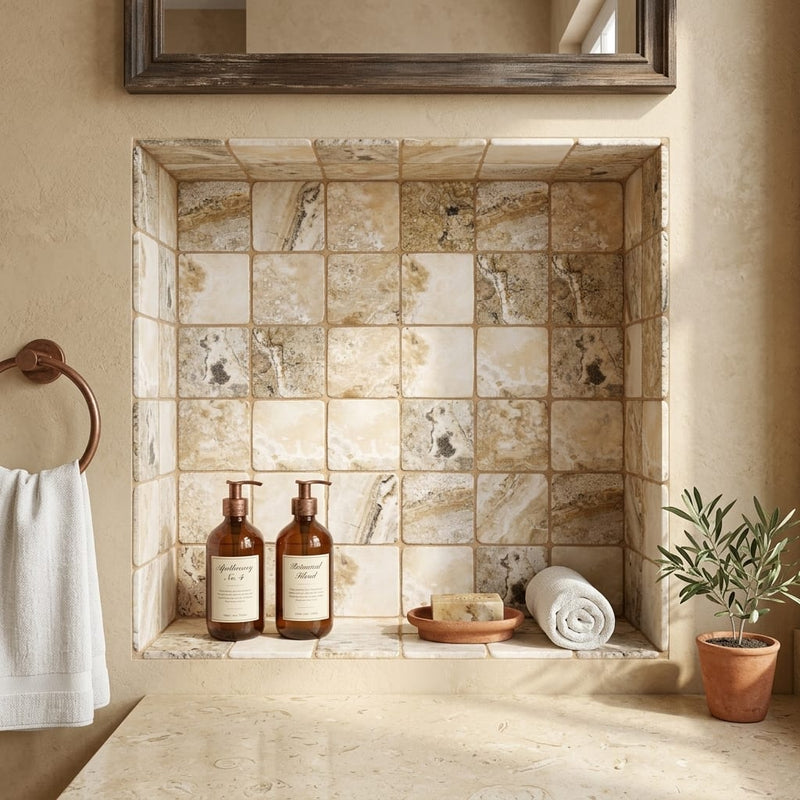 Antico Onyx 4x4 Tumbled Travertine Tile — Bathroom niche