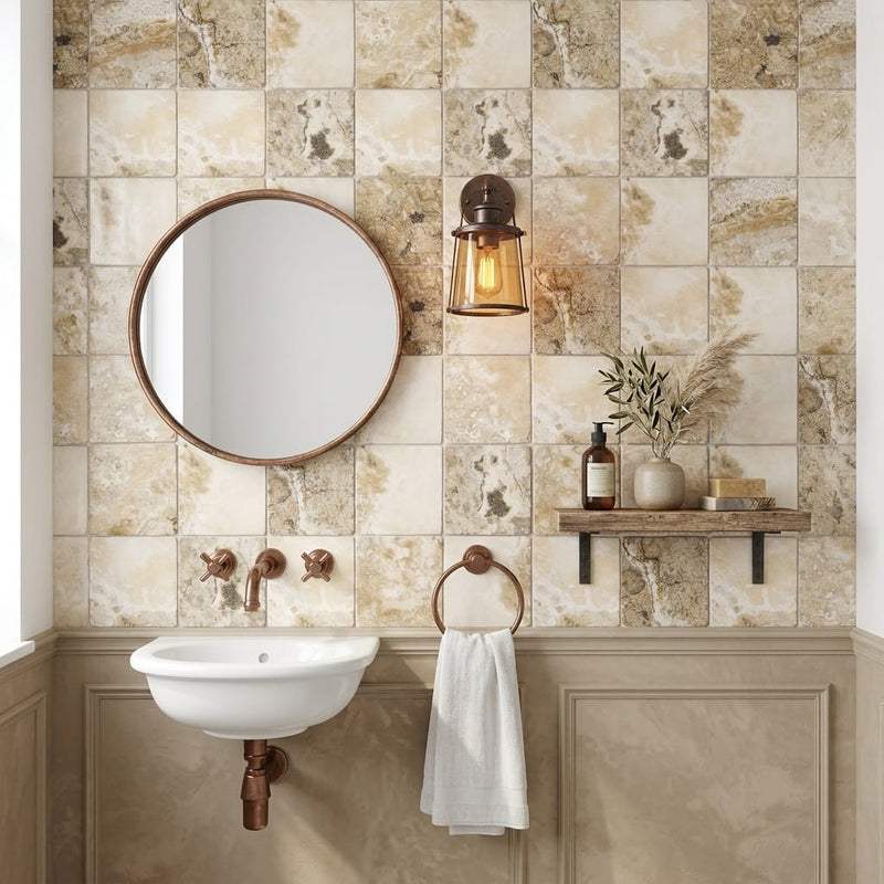 Antico Onyx 4x4 Tumbled Travertine Tile — Powder Room wall