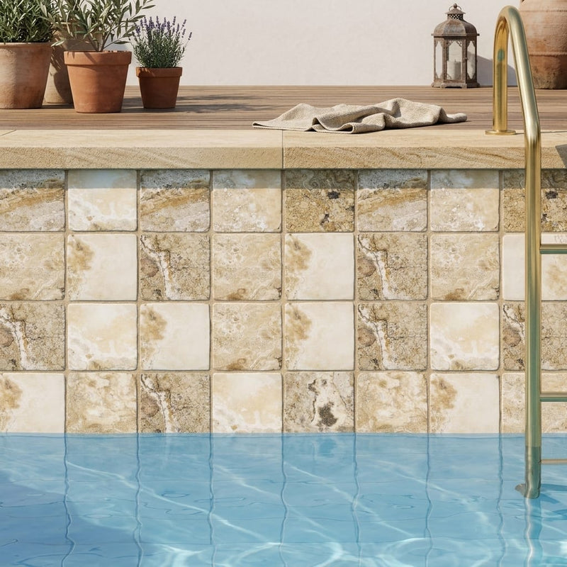 Antico Onyx 4x4 Tumbled Travertine Tile — Swimming Pool waterline