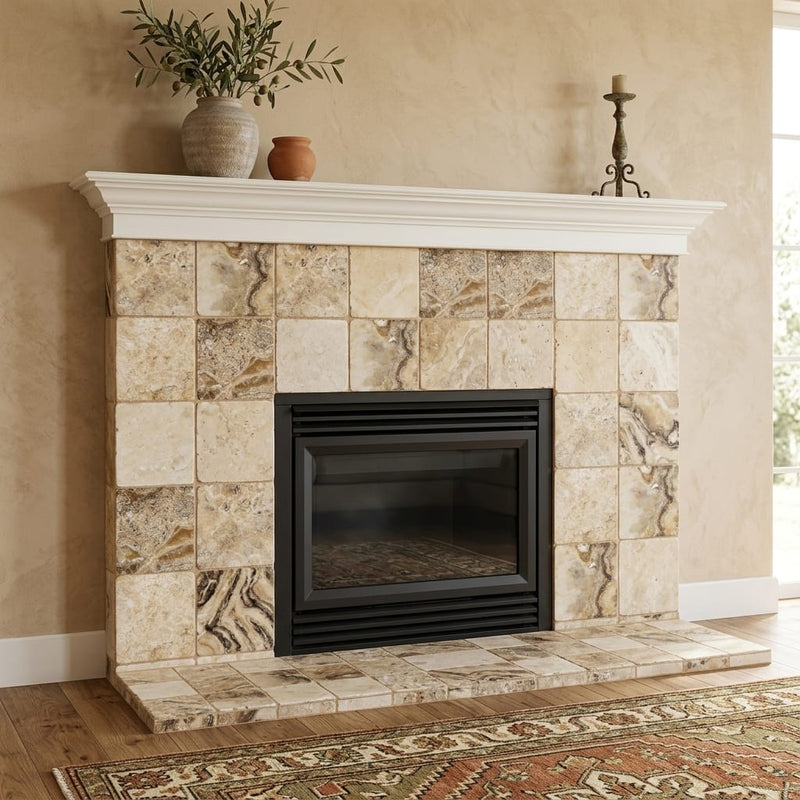 Antico Onyx 6x6 Tumbled Travertine Tile — Living Room fireplace surround