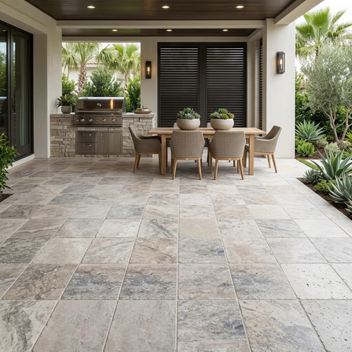 Antico Silver Travertine Paver 12x12 Tumbled 1.25 inch — Backyard patio