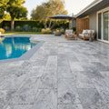 Antico Silver Travertine Paver 16x24 Tumbled 1.25 inch — Backyard pool deck
