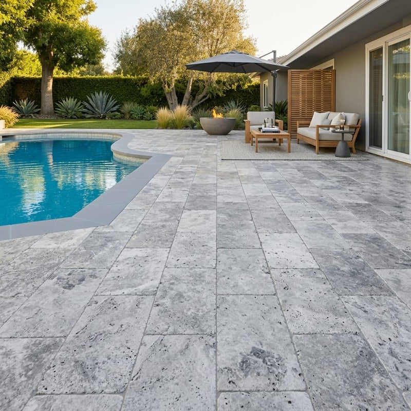 Antico Silver Travertine Paver 16x24 Tumbled 1.25 inch — Backyard pool deck
