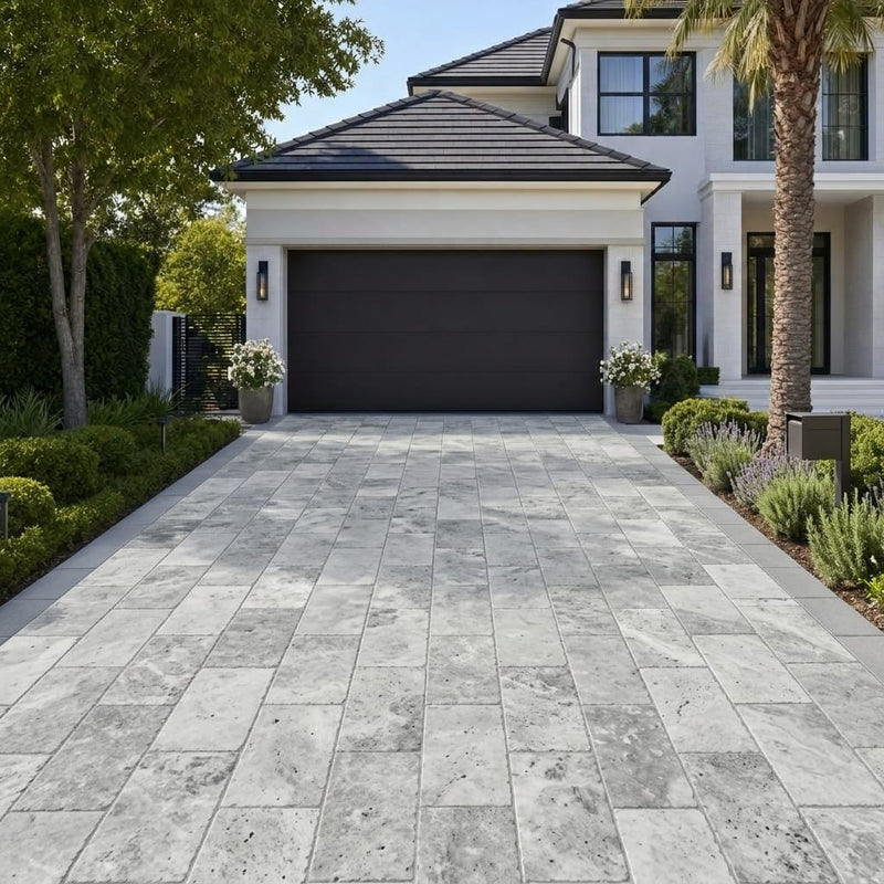 Antico Silver Travertine Paver 16x24 Tumbled 1.25 inch — Front Yard driveway