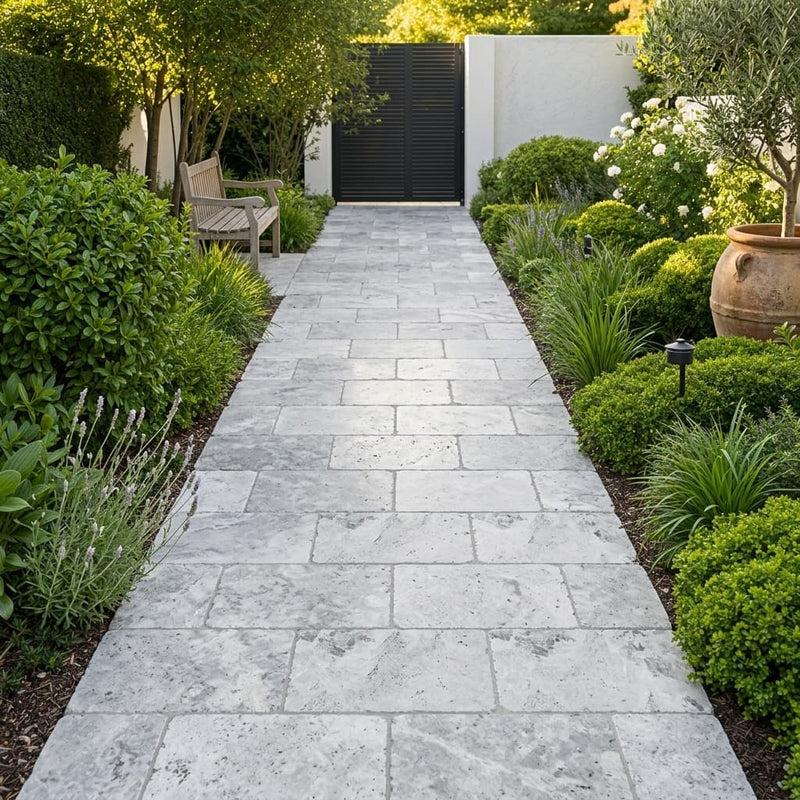 Antico Silver Travertine Paver 16x24 Tumbled 1.25 inch — Garden path