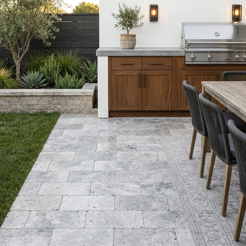 Antico Silver Travertine Paver 6x12 Tumbled 1.25 inch — Backyard patio