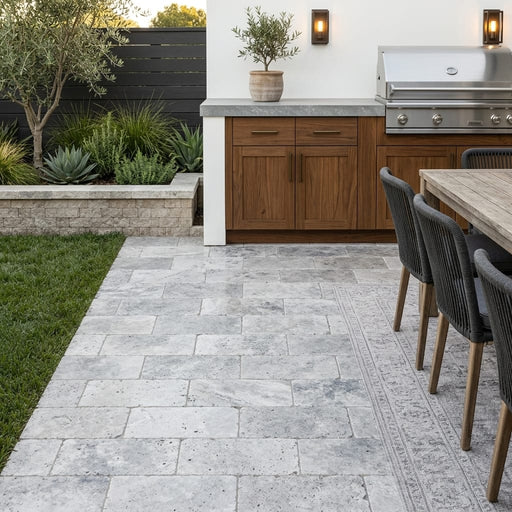 Antico Silver Travertine Paver 6x12 Tumbled 1.25 inch — Backyard patio