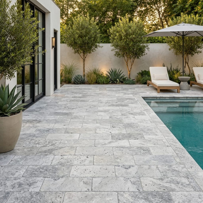 Antico Silver Travertine Paver 6x12 Tumbled 1.25 inch — Backyard pool deck