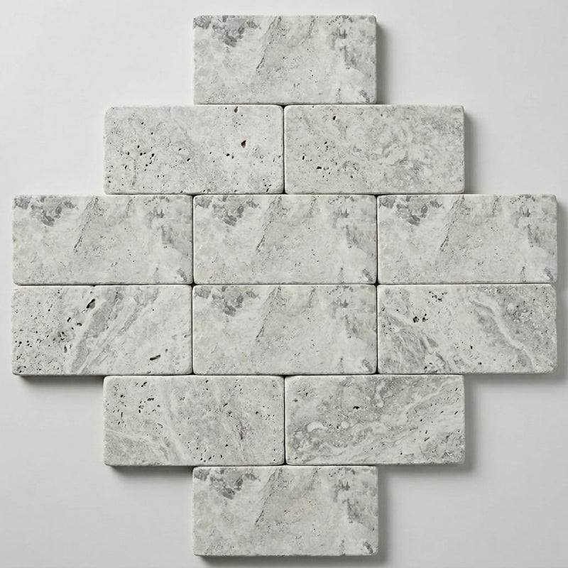 Antico Silver Travertine Paver 6x12 Tumbled 1.25 inch close-up