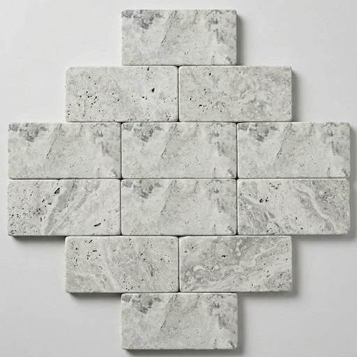 Antico Silver Travertine Paver 6x12 Tumbled 1.25 inch close-up