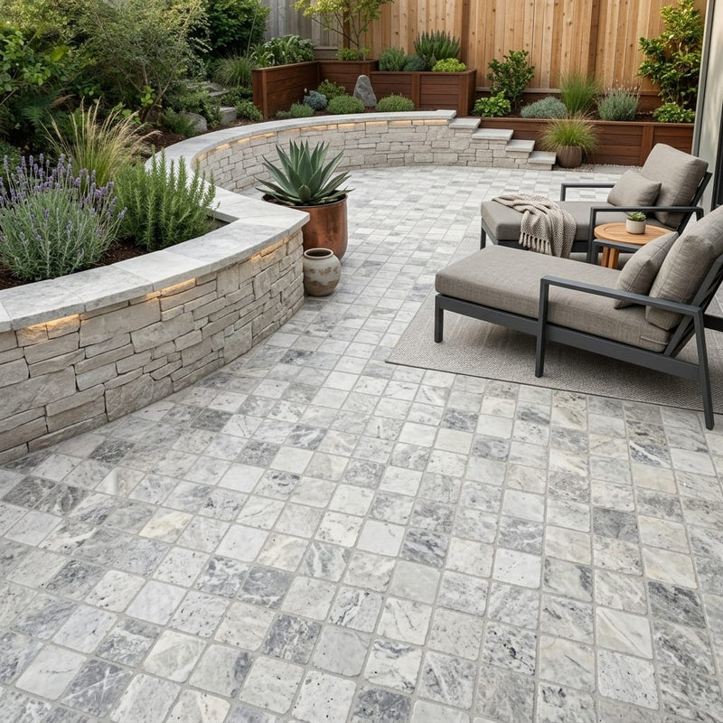 Antico Silver Travertine Paver 6x6 Tumbled 1.25 inch — Backyard patio