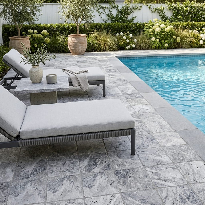 Antico Silver Travertine Paver 6x6 Tumbled 1.25 inch — Backyard pool deck