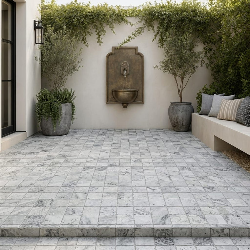 Antico Silver Travertine Paver 6x6 Tumbled 1.25 inch — Courtyard paving