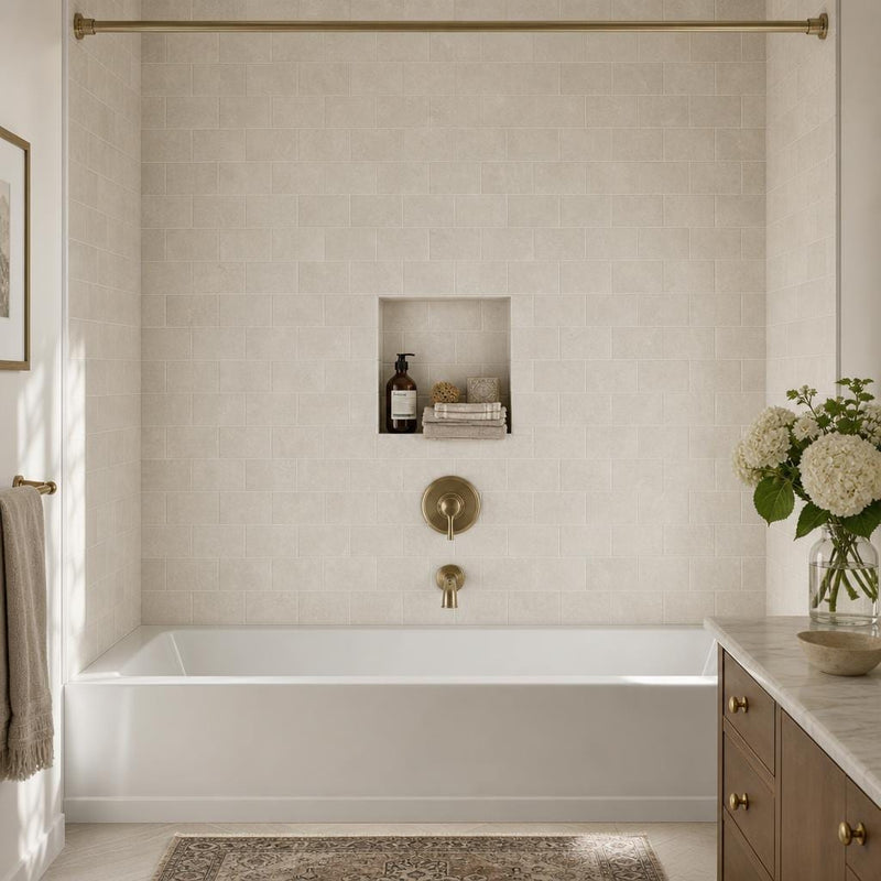 Antique Botticino 3x6 Tumbled Marble Tile — Bathroom tub surround