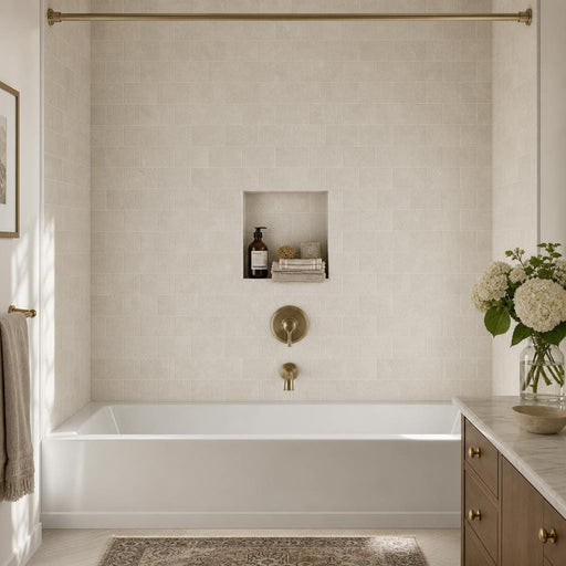 Antique Botticino 3x6 Tumbled Marble Tile — Bathroom tub surround
