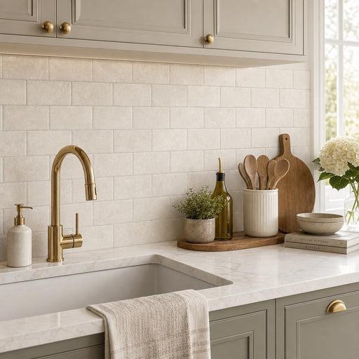 Antique Botticino 3x6 Tumbled Marble Tile — Kitchen backsplash