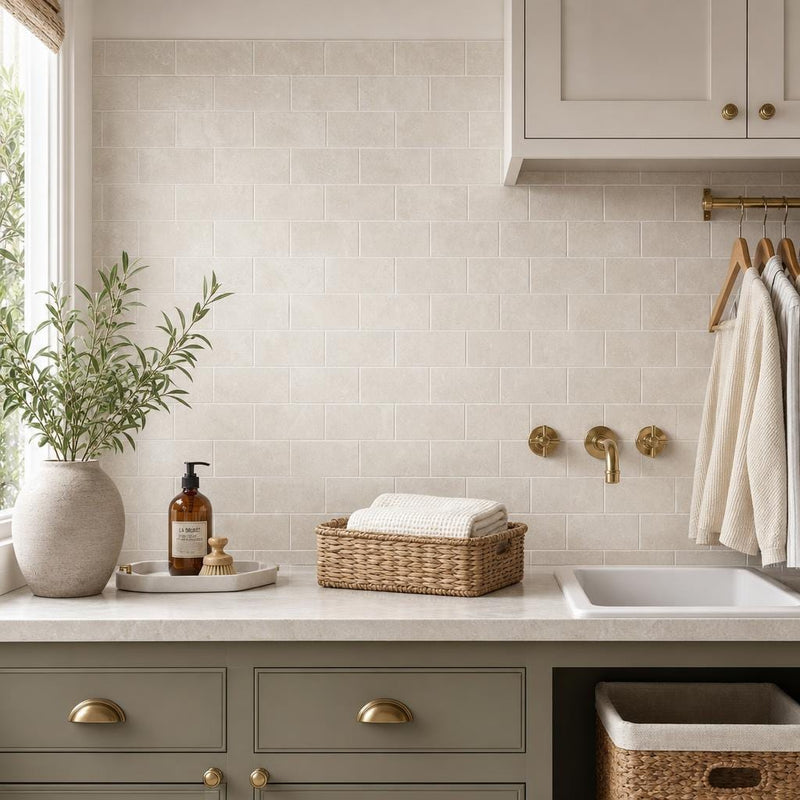 Antique Botticino 3x6 Tumbled Marble Tile — Laundry Room backsplash